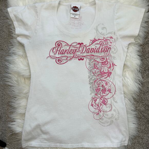 HARLEY DAVIDSON 2013 Graphic Tee Womens Size Medium Pink Rhinestone Winchester - Picture 1 of 9